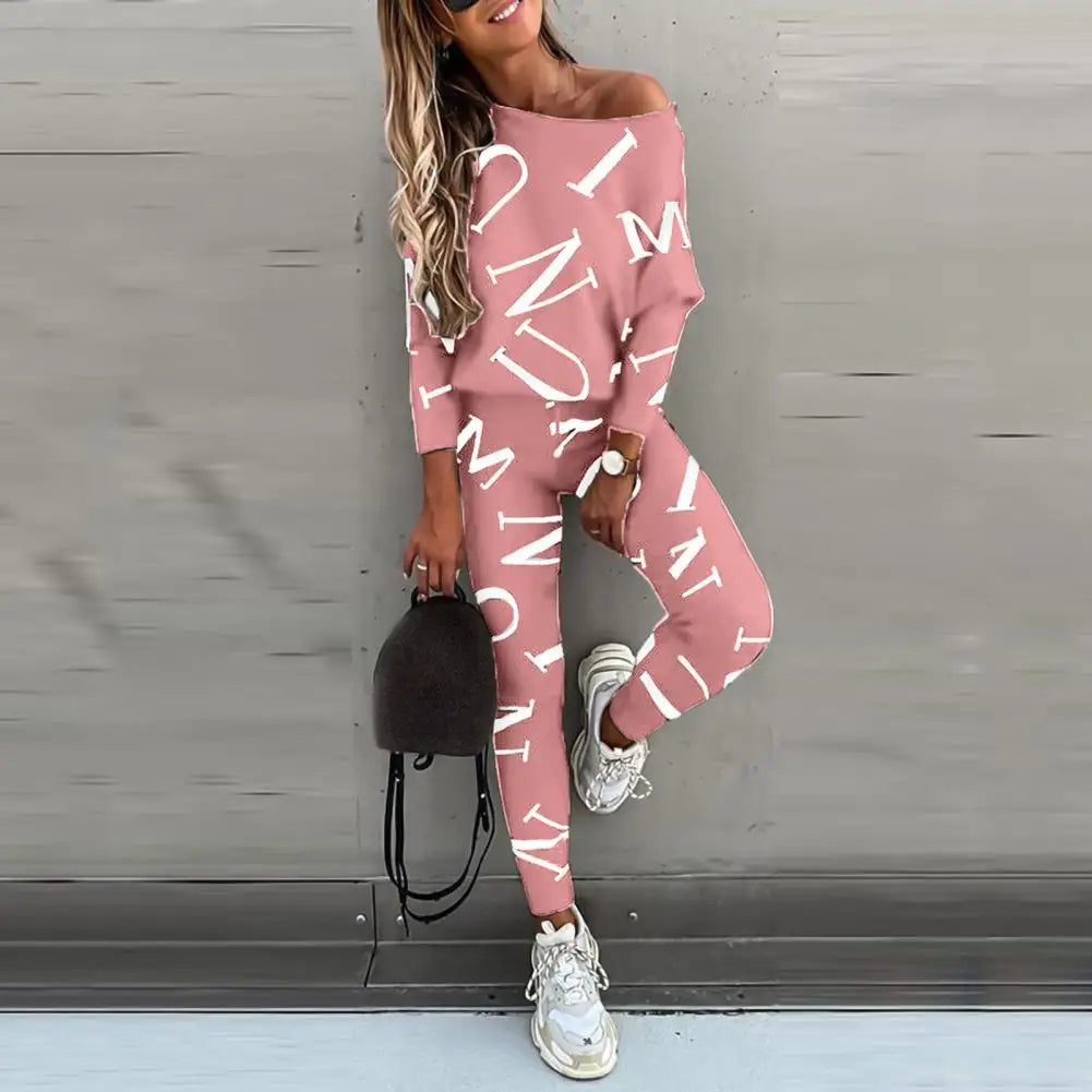 2021 Spring Autumn Casual Outfit Letters Print Long Sleeve Top Spring Women Blouse Pants Tracksuit for Sports 2 pieces sets