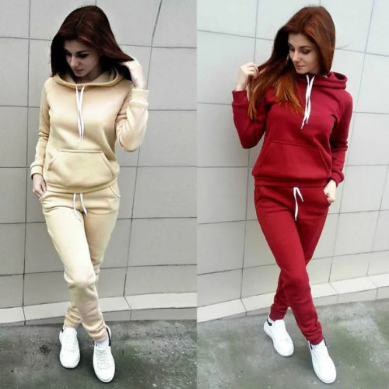 Solid Women Tracksuit Casual Hoodies Sweatshirt Pant Set Lounge Wear Sport Suit 2PCS Autumn Winter Clothes