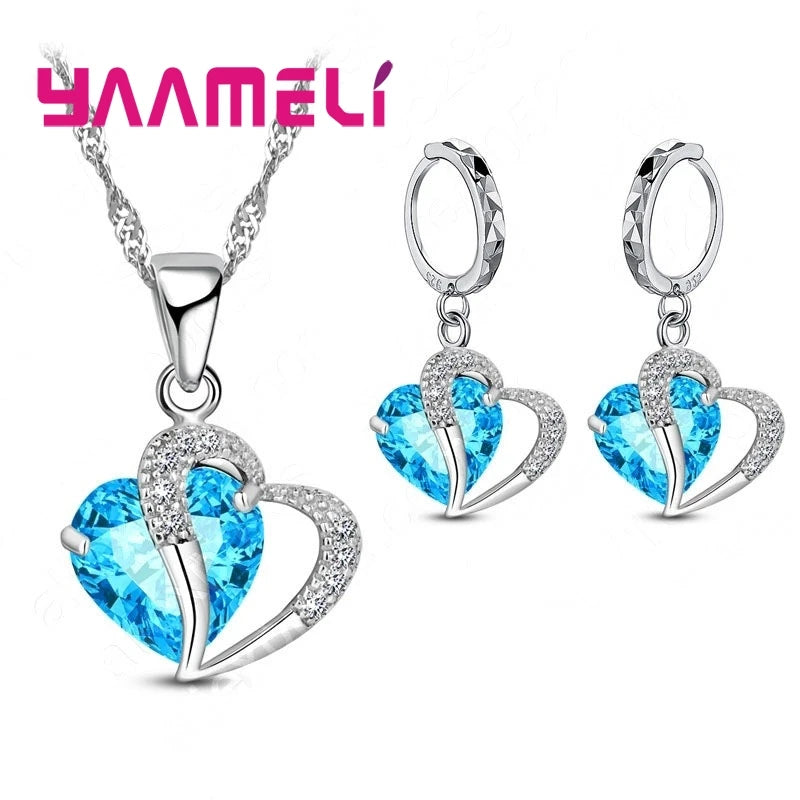 Bridal Jewelry Set Heart CZ Crystal 925 Sterling Silver Color Pendant Necklace Earrings for Women Wedding Anniversary Gifts