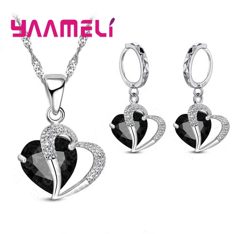 Bridal Jewelry Set Heart CZ Crystal 925 Sterling Silver Color Pendant Necklace Earrings for Women Wedding Anniversary Gifts