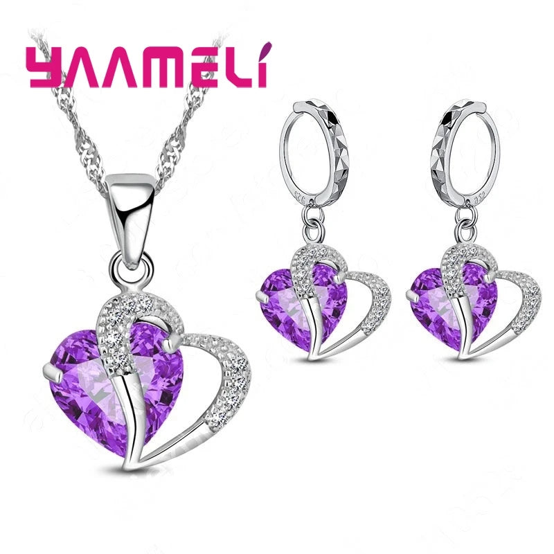 Bridal Jewelry Set Heart CZ Crystal 925 Sterling Silver Color Pendant Necklace Earrings for Women Wedding Anniversary Gifts