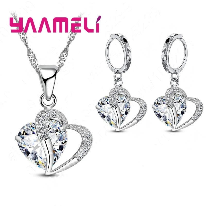 Bridal Jewelry Set Heart CZ Crystal 925 Sterling Silver Color Pendant Necklace Earrings for Women Wedding Anniversary Gifts