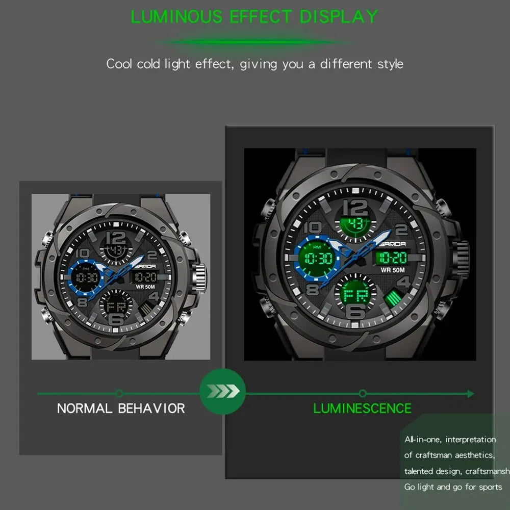 SANDA G Style Men Sports Watches Dual Display Digital LED Electronic Quartz Wristwatches Waterproof Swimming Military Watch