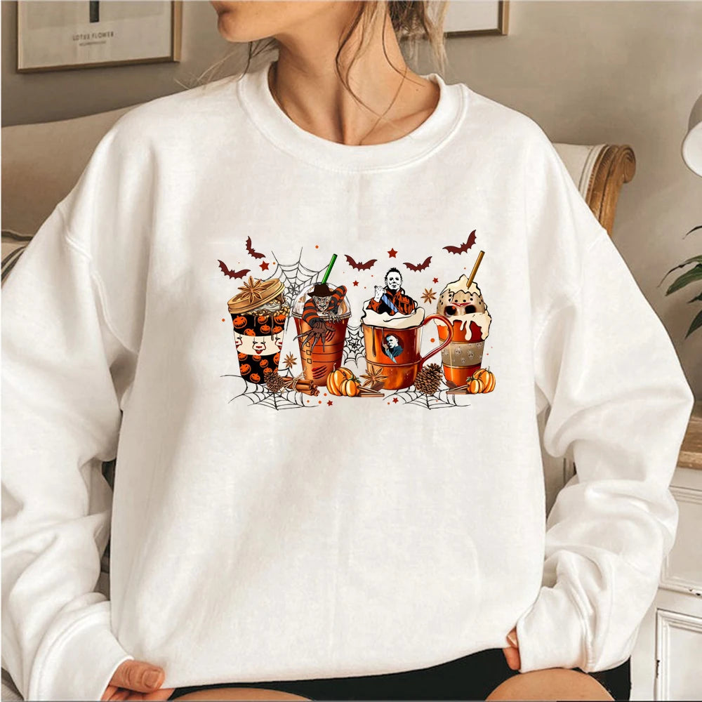 Skull Skeleton Coffee Cups Sweatshirt Skeleton Halloween Sweatshirts Horror Hoodie Women Clothes Coffee Lover Pullovers Tops