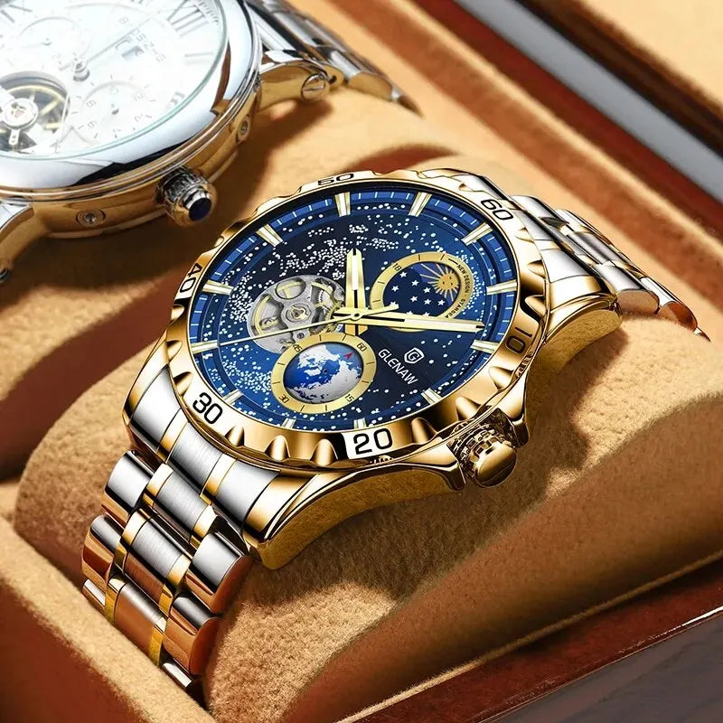 GLENAW Design Mens Watches Top Brand Luxury Fashion Business Automatic Gold Watch Men's Waterproof Mechanical Watch Montre Homme