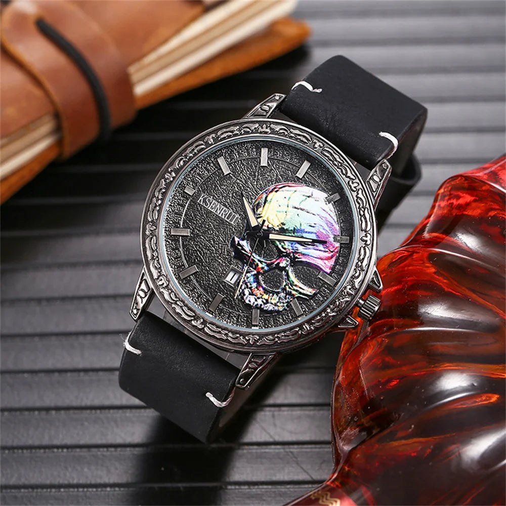 Cool Mens Watch Skull Face Design Fashion Steel Leather Strap Retro Quartz Watch Men Male Clock Reloj Hombre Gifts Drop Shipping