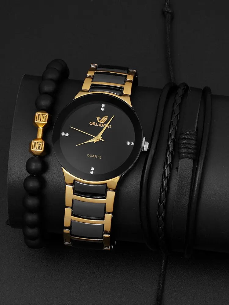 3PCs Fashion Steel Band Quartz Watch with Bracelet Set