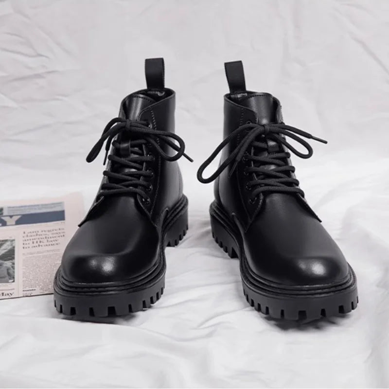 High Top Doc Martens Men's Summer Black English Cargo Leather Boots, Men's Premium Sense, Full Side Zipper Riders Riding Boots