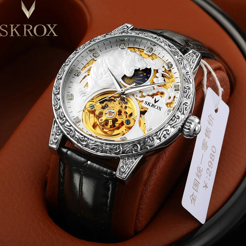 SKROX Original Gold Tiger Diamond Elegant Men Watch Moon Phase Tourbillon Automatic Mechanical Skeleton Luxury Brand Male Clock