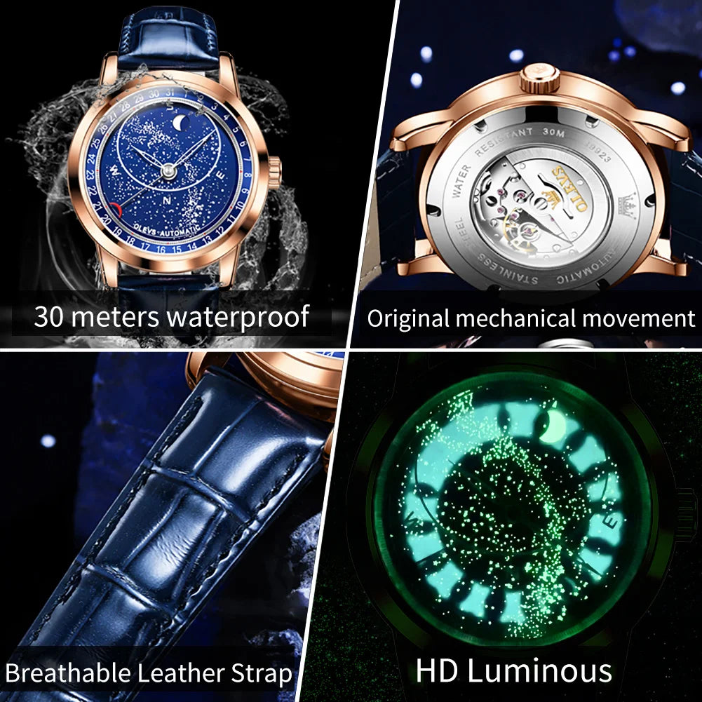 OLEVS Automatic Watch for Men 43.5mm Starry Rotating Luminous Big Dial Leather strap Top Brand Wristwatch Mechanical Men's Watch