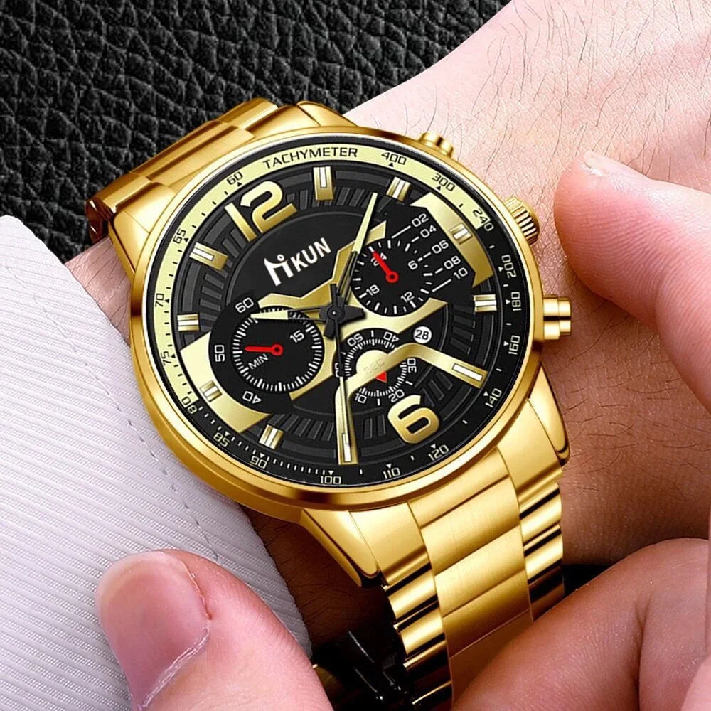 Kegllect Men Watches Business Chronograph Watch  Luxury Gold Stainless Steel Quartz Wristwatch