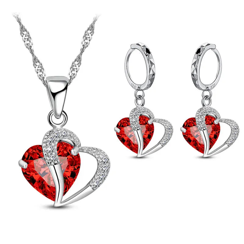 Bridal Jewelry Set Heart CZ Crystal 925 Sterling Silver Color Pendant Necklace Earrings for Women Wedding Anniversary Gifts