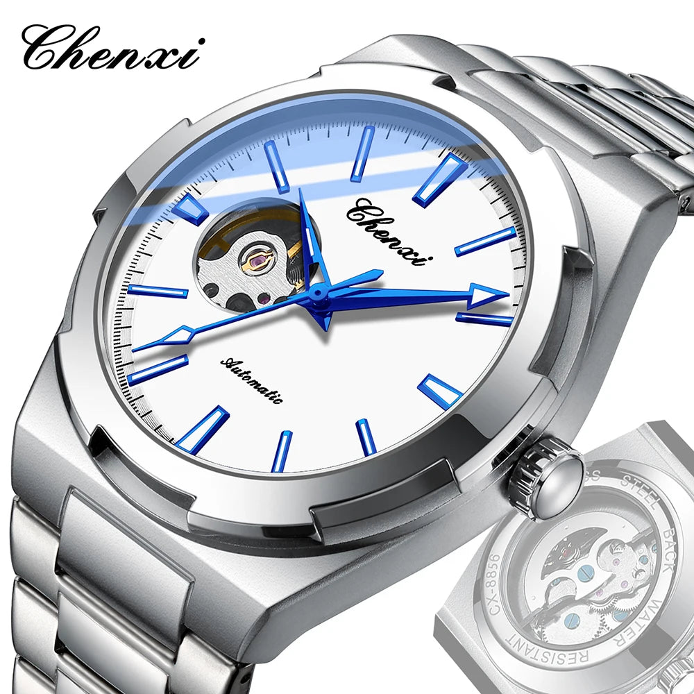 New Mens Watch Mechanical Wristwatches Stainless Steel Fashion Sports Waterproof Watches for Men Hollow Out Automatic Movement