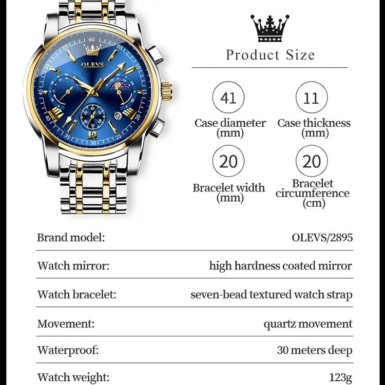 OLEVS Men's Watch Luxury Brand Quartz Watch Classic Lunar Phase Waterproof Skeleton Chronograph Code Watch Business Men's Watch