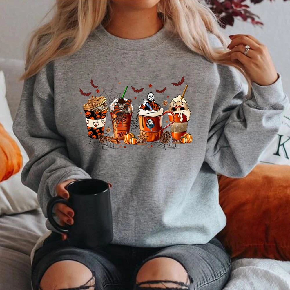 Skull Skeleton Coffee Cups Sweatshirt Skeleton Halloween Sweatshirts Horror Hoodie Women Clothes Coffee Lover Pullovers Tops