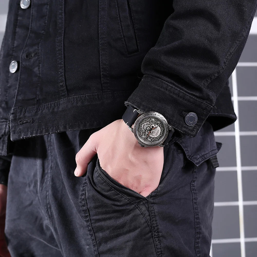 Cool Mens Watch Skull Face Design Fashion Steel Leather Strap Retro Quartz Watch Men Male Clock Reloj Hombre Gifts Drop Shipping