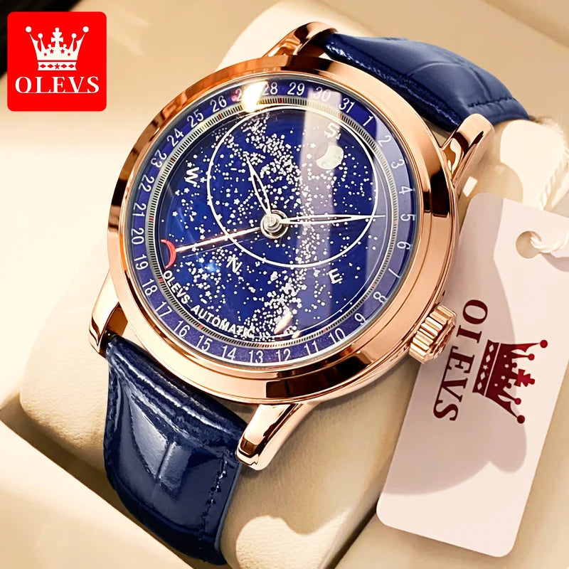 OLEVS Automatic Watch for Men 43.5mm Starry Rotating Luminous Big Dial Leather strap Top Brand Wristwatch Mechanical Men's Watch