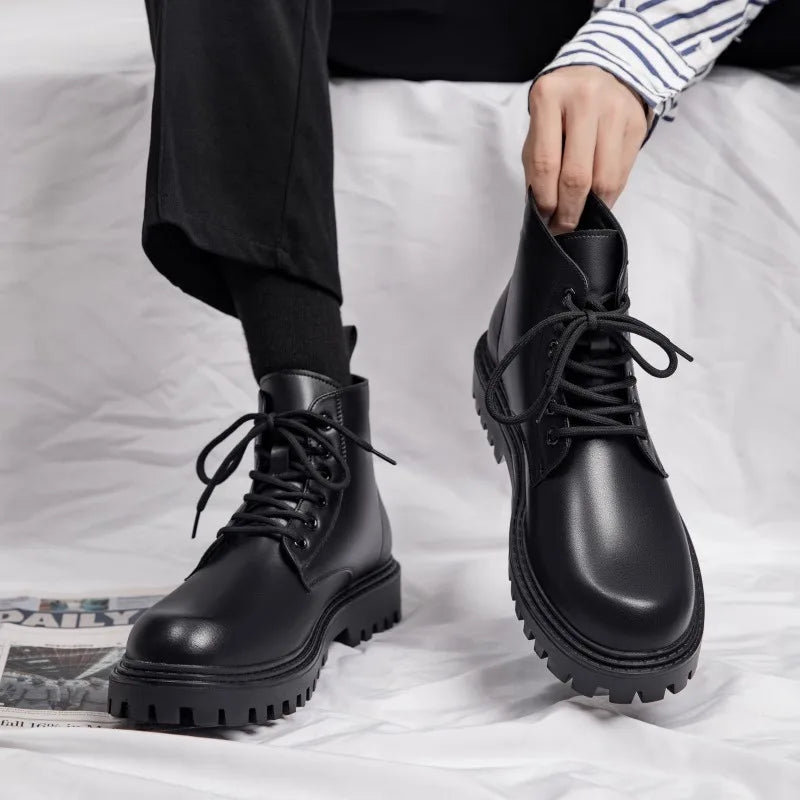 High Top Doc Martens Men's Summer Black English Cargo Leather Boots, Men's Premium Sense, Full Side Zipper Riders Riding Boots