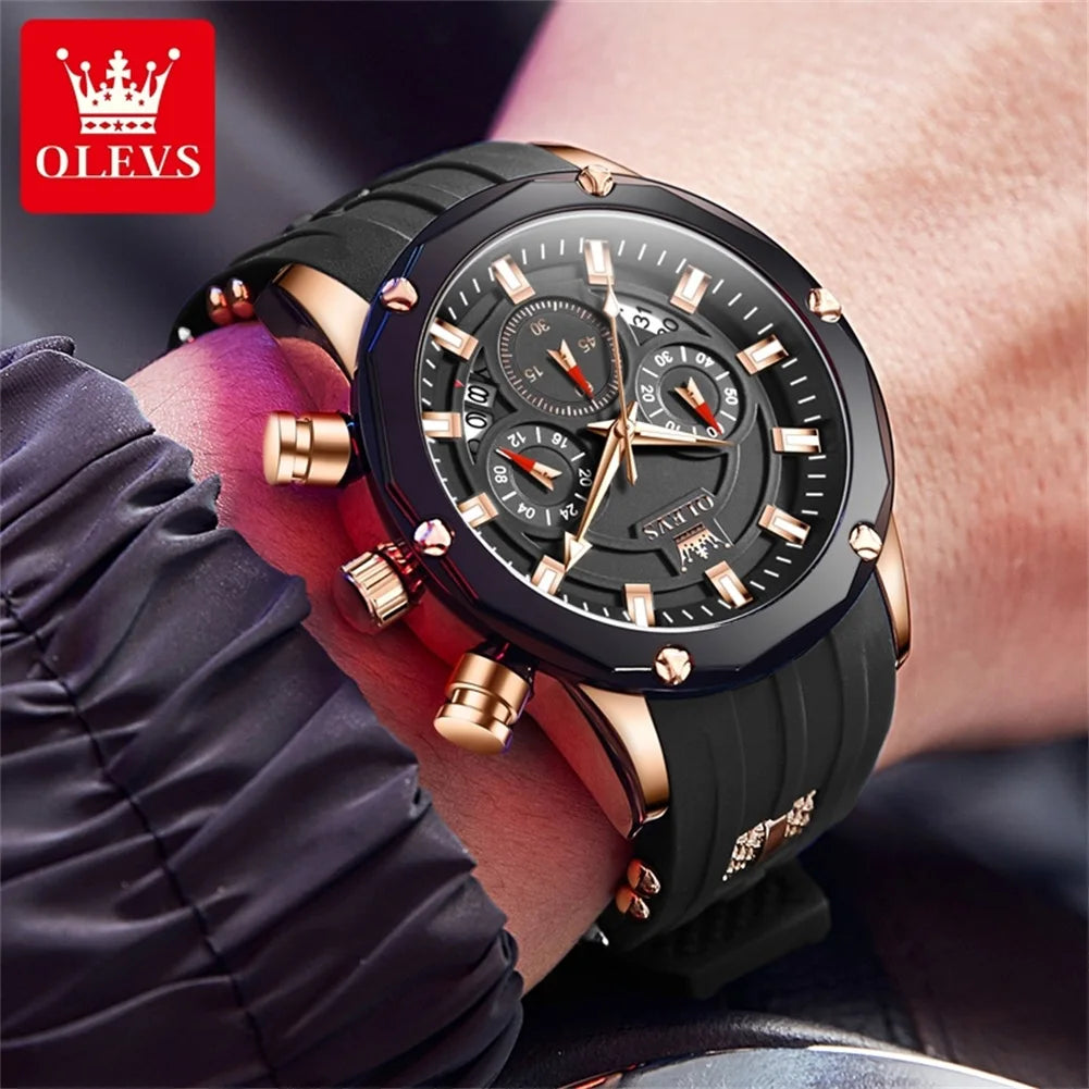 OLEVS 9991 Fashion Sport Quartz Watch For Men 45mm Big Dial Chronograph Man Wristwatch Waterproof Luminous Silicone Strap Watch