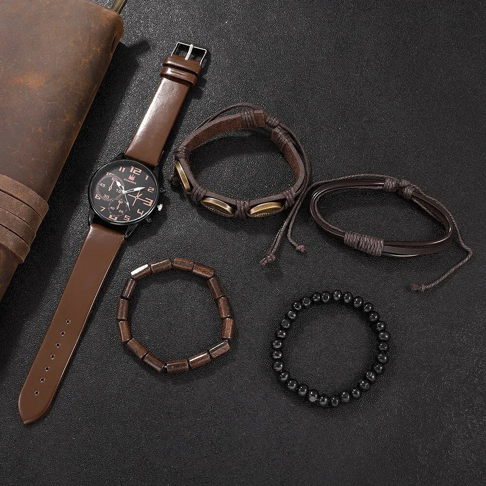 Timeless Elegance 5-Piece Men's Watch & Bracelet Set