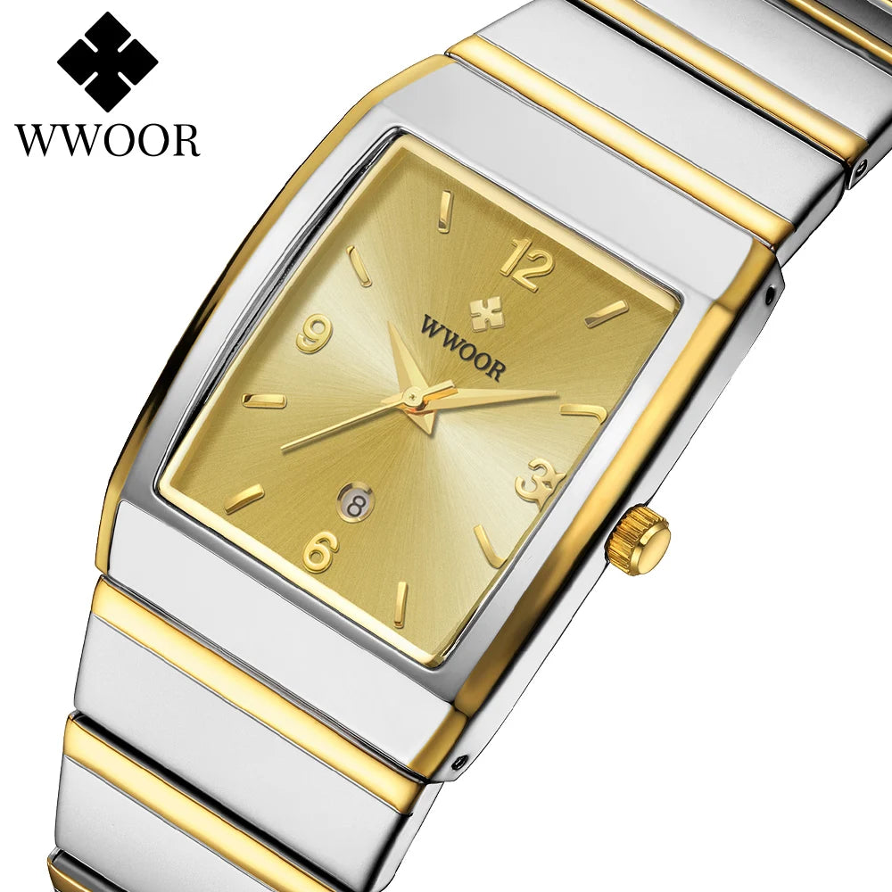 WWOOR Luxury Man's Square Watch For Men with Automatic Date Waterproof Stainless Steel Fashion Business Mens Quartz Wristwatches