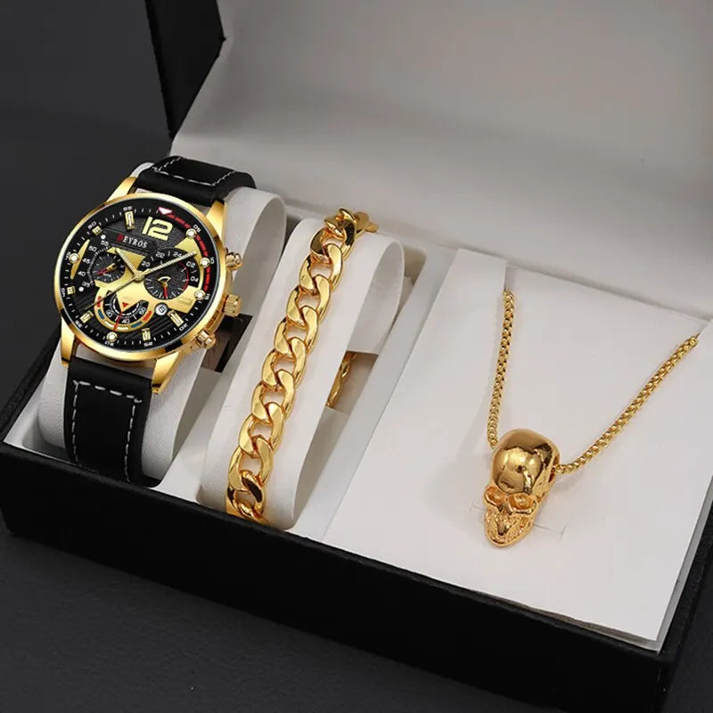 Skull Luxe Trio: Men's Watch, Bracelet & Necklace Set