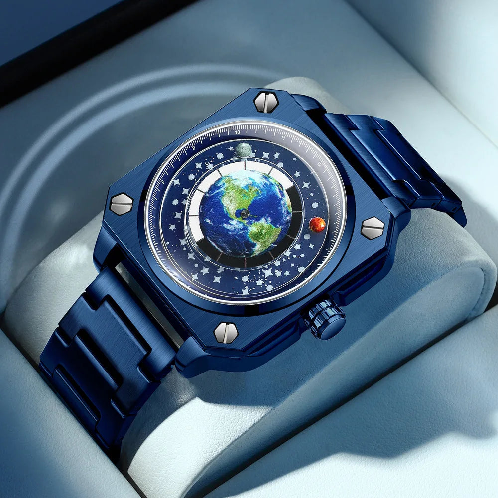 Earth Watch For Men Rotating Earth Dial New Concept Of Creative Wormhole Blue Planet Non Mechanical Pointer Steel Band Men Watch