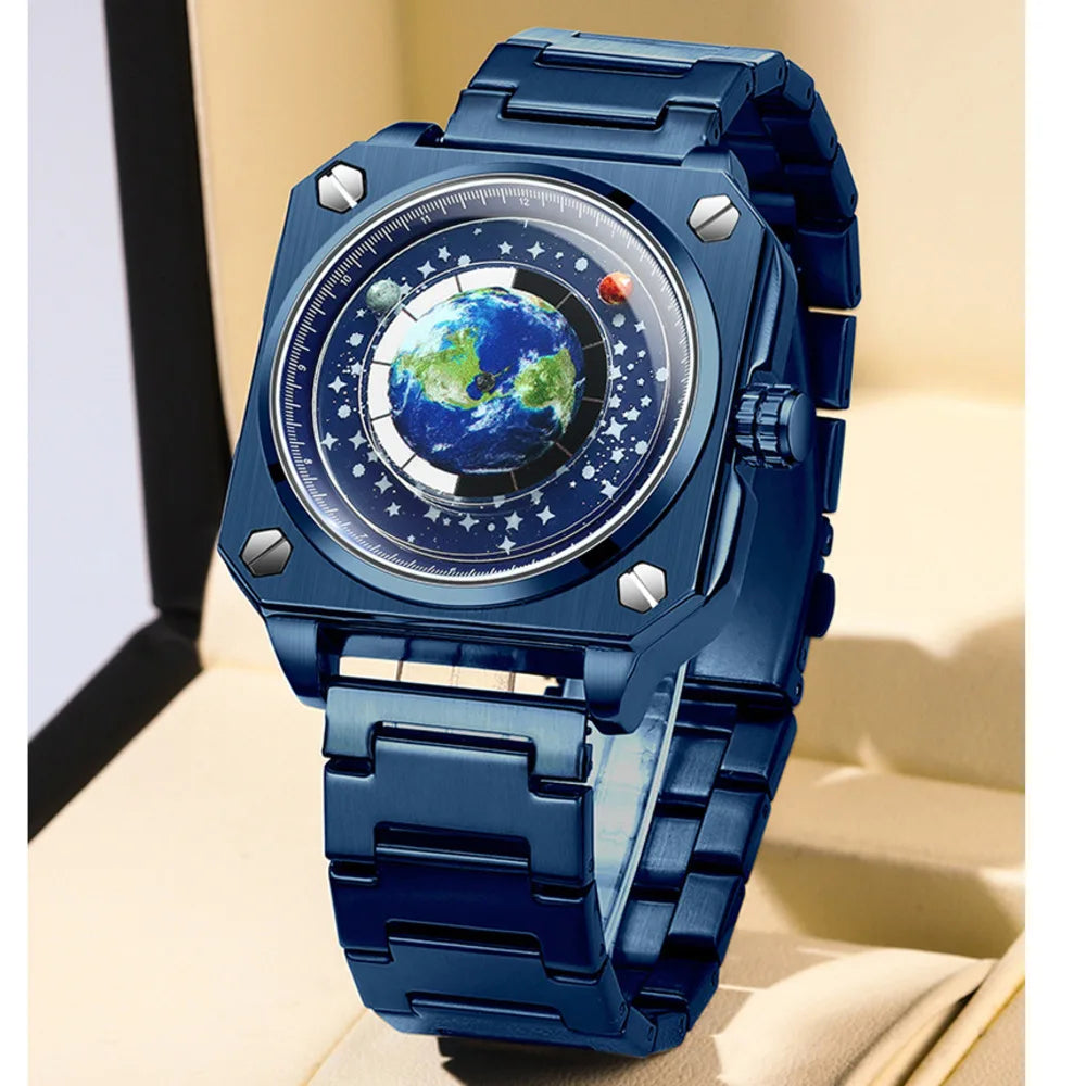 Earth Watch For Men Rotating Earth Dial New Concept Of Creative Wormhole Blue Planet Non Mechanical Pointer Steel Band Men Watch