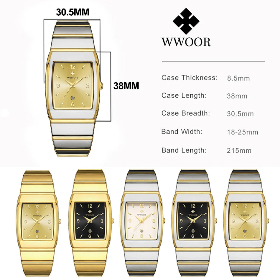 WWOOR Luxury Man's Square Watch For Men with Automatic Date Waterproof Stainless Steel Fashion Business Mens Quartz Wristwatches