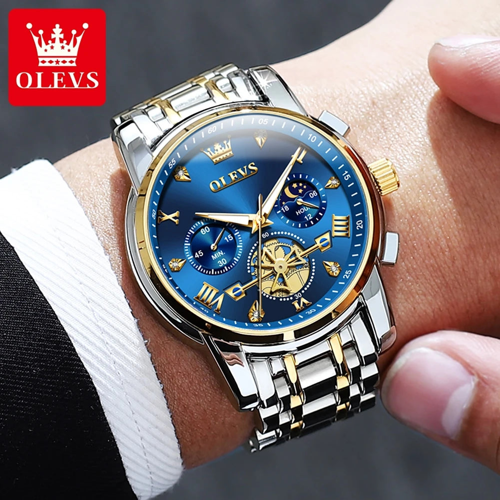 OLEVS NEW Men's Quartz Watches Skeleton Flywheel Design Chronograph Classic Fashion Wrist watch for Men Moon phase Waterproof