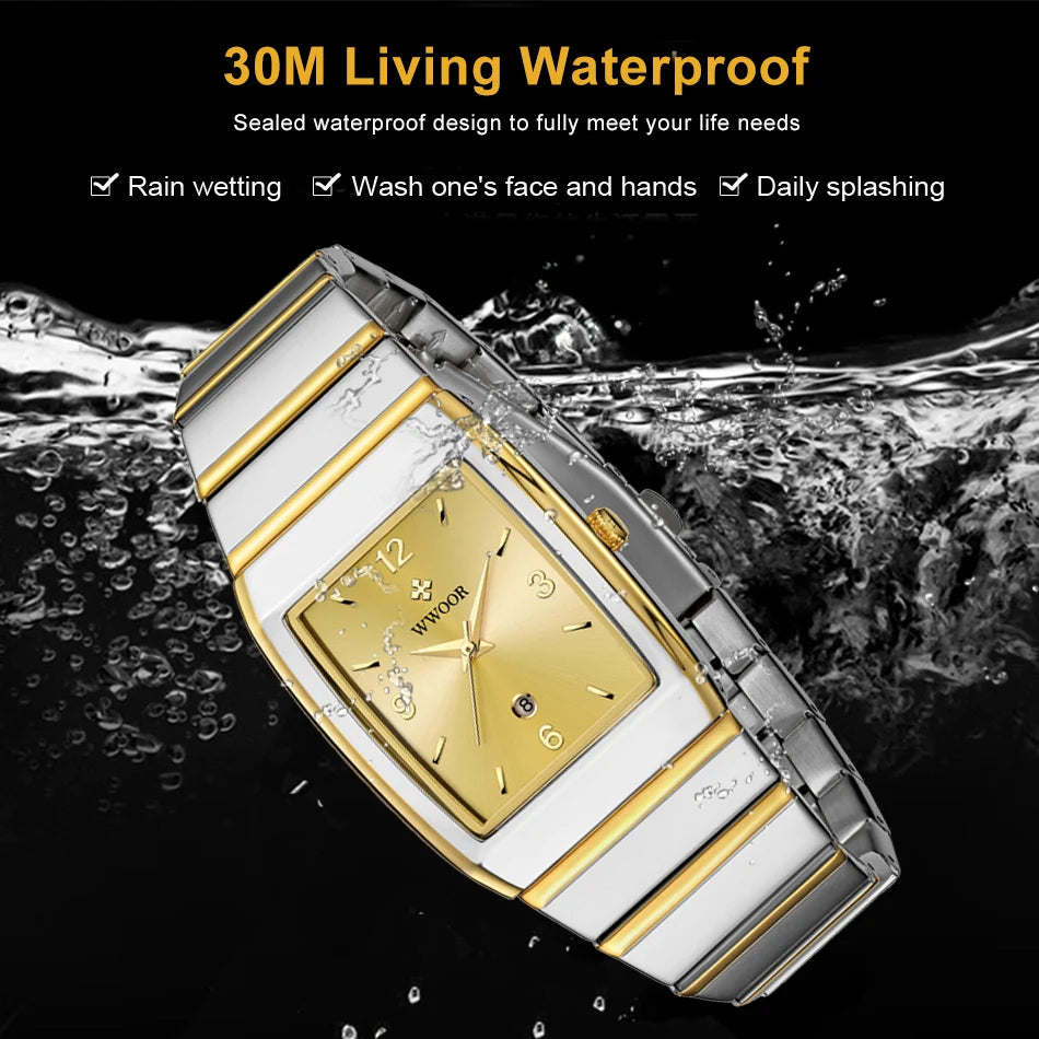 WWOOR Luxury Man's Square Watch For Men with Automatic Date Waterproof Stainless Steel Fashion Business Mens Quartz Wristwatches