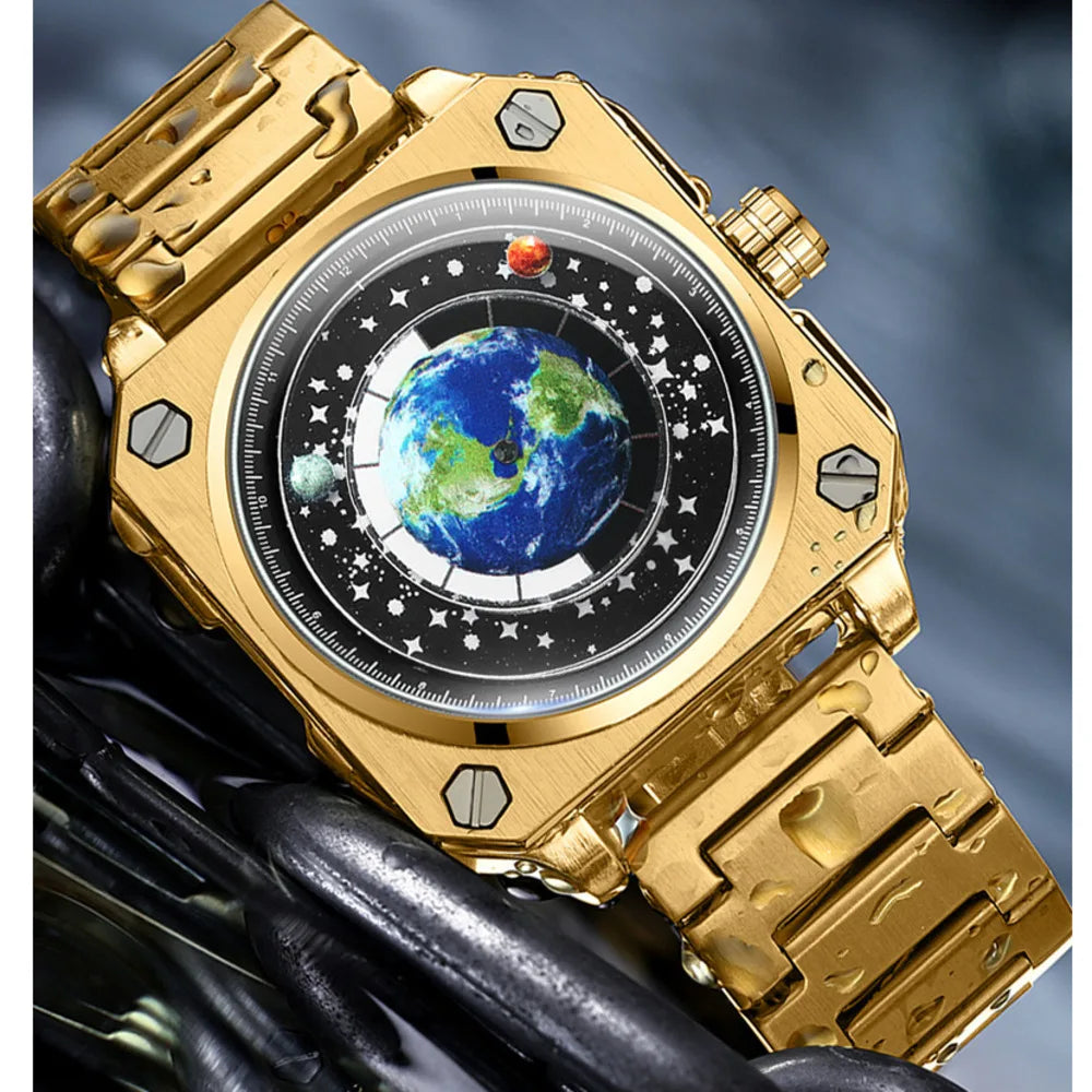 Earth Watch For Men Rotating Earth Dial New Concept Of Creative Wormhole Blue Planet Non Mechanical Pointer Steel Band Men Watch