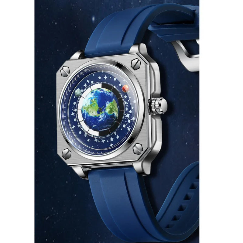 Earth Watch For Men Rotating Earth Dial New Concept Of Creative Wormhole Blue Planet Non Mechanical Pointer Steel Band Men Watch