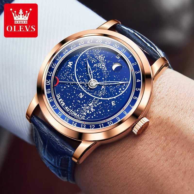 OLEVS Automatic Watch for Men 43.5mm Starry Rotating Luminous Big Dial Leather strap Top Brand Wristwatch Mechanical Men's Watch