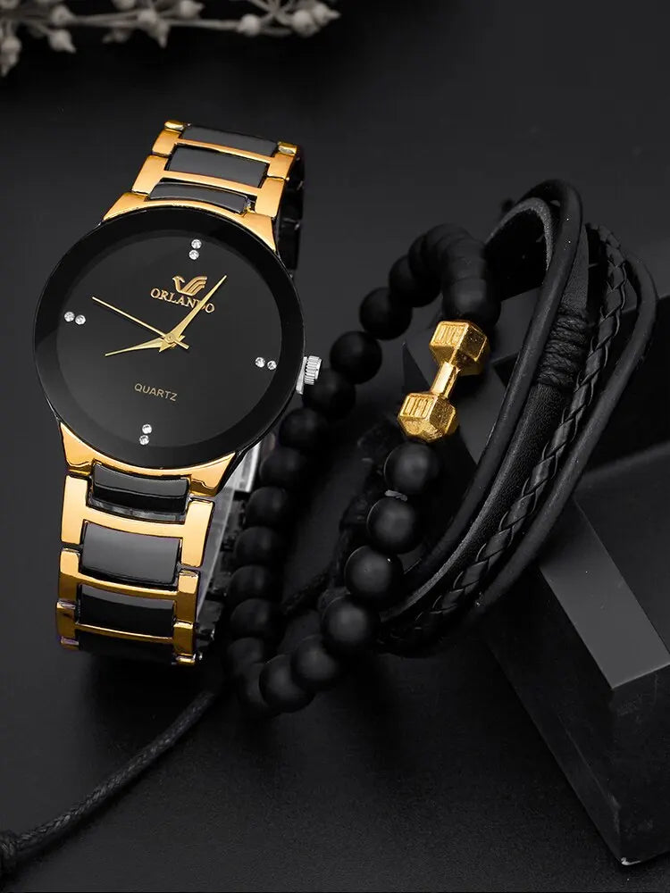 3PCs Fashion Steel Band Quartz Watch with Bracelet Set