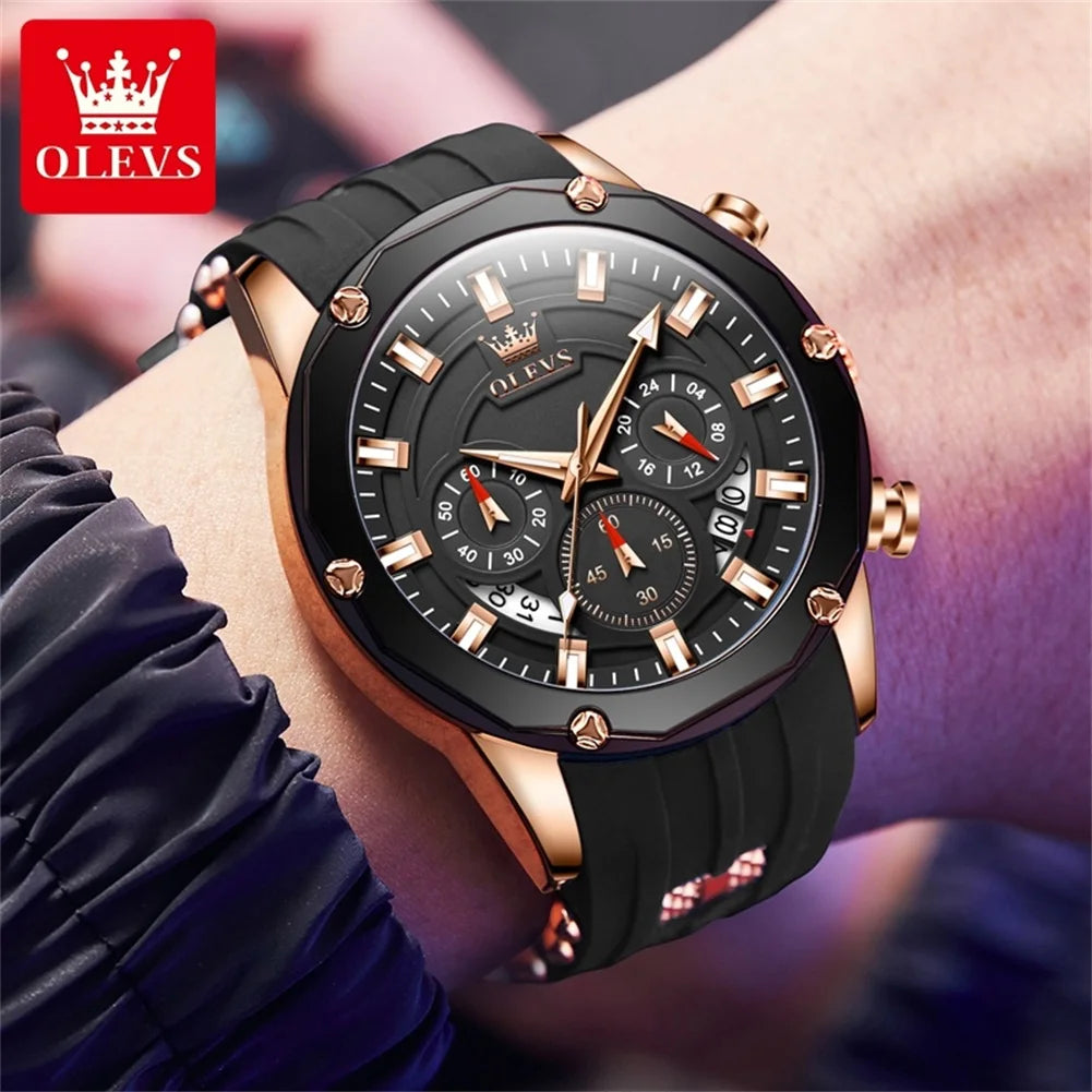 OLEVS 9991 Fashion Sport Quartz Watch For Men 45mm Big Dial Chronograph Man Wristwatch Waterproof Luminous Silicone Strap Watch