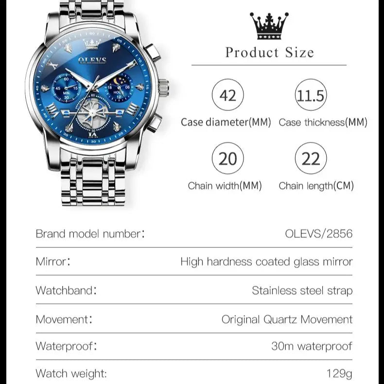 OLEVS NEW Men's Quartz Watches Skeleton Flywheel Design Chronograph Classic Fashion Wrist watch for Men Moon phase Waterproof