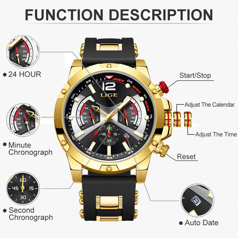 LIGE Fashion Silicone Watches for Men Sports Waterproof Men Watch Business Military Chronograph Quartz Wristwatches Montre Homme