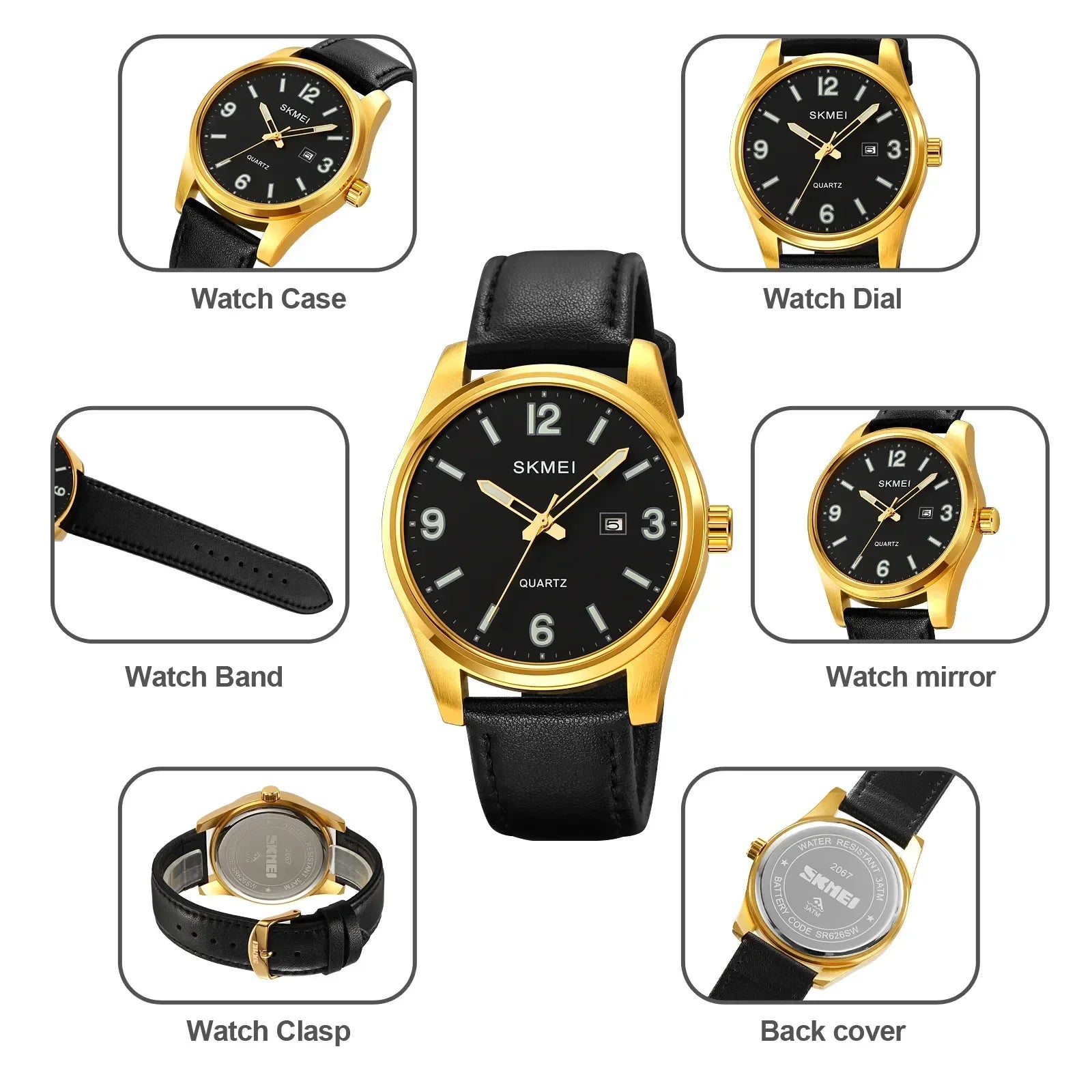 SKMEI Mens Casual Date 3Bar Waterproof Business Wristwatch reloj hombre Clock New Simple Genuine Leather Strap Quartz Watches