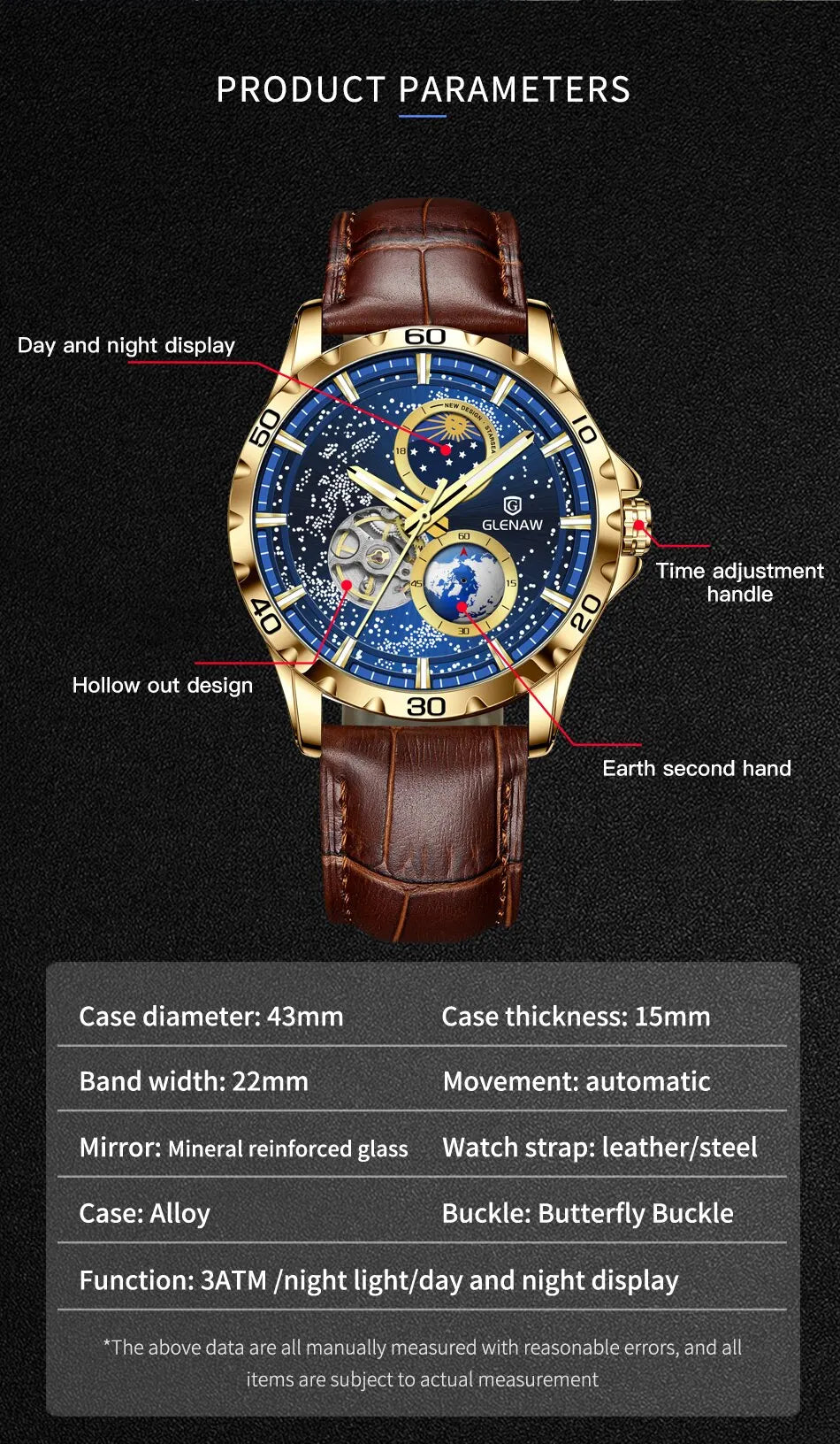 GLENAW Design Mens Watches Top Brand Luxury Fashion Business Automatic Gold Watch Men's Waterproof Mechanical Watch Montre Homme