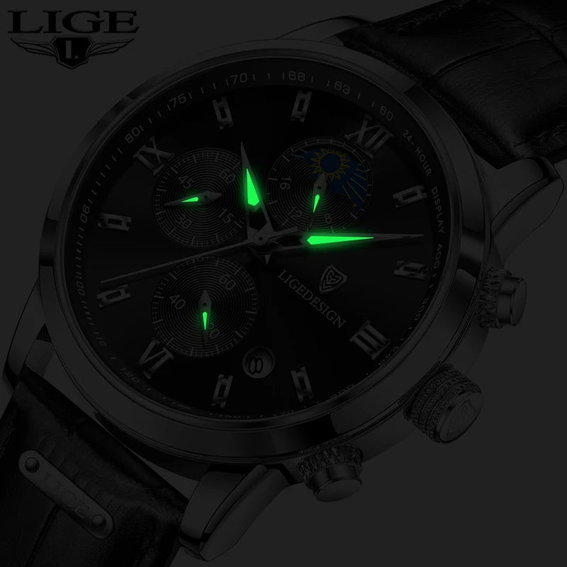 LIGE Men Date Clock Watches Male Chronograph Watch for Men Business Fashion Watch Man Top Brand Luxury Leather Quartz Wristwatch