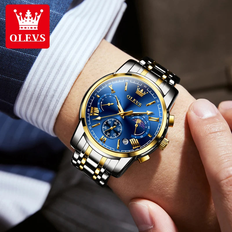 OLEVS Men's Watch Luxury Brand Quartz Watch Classic Lunar Phase Waterproof Skeleton Chronograph Code Watch Business Men's Watch