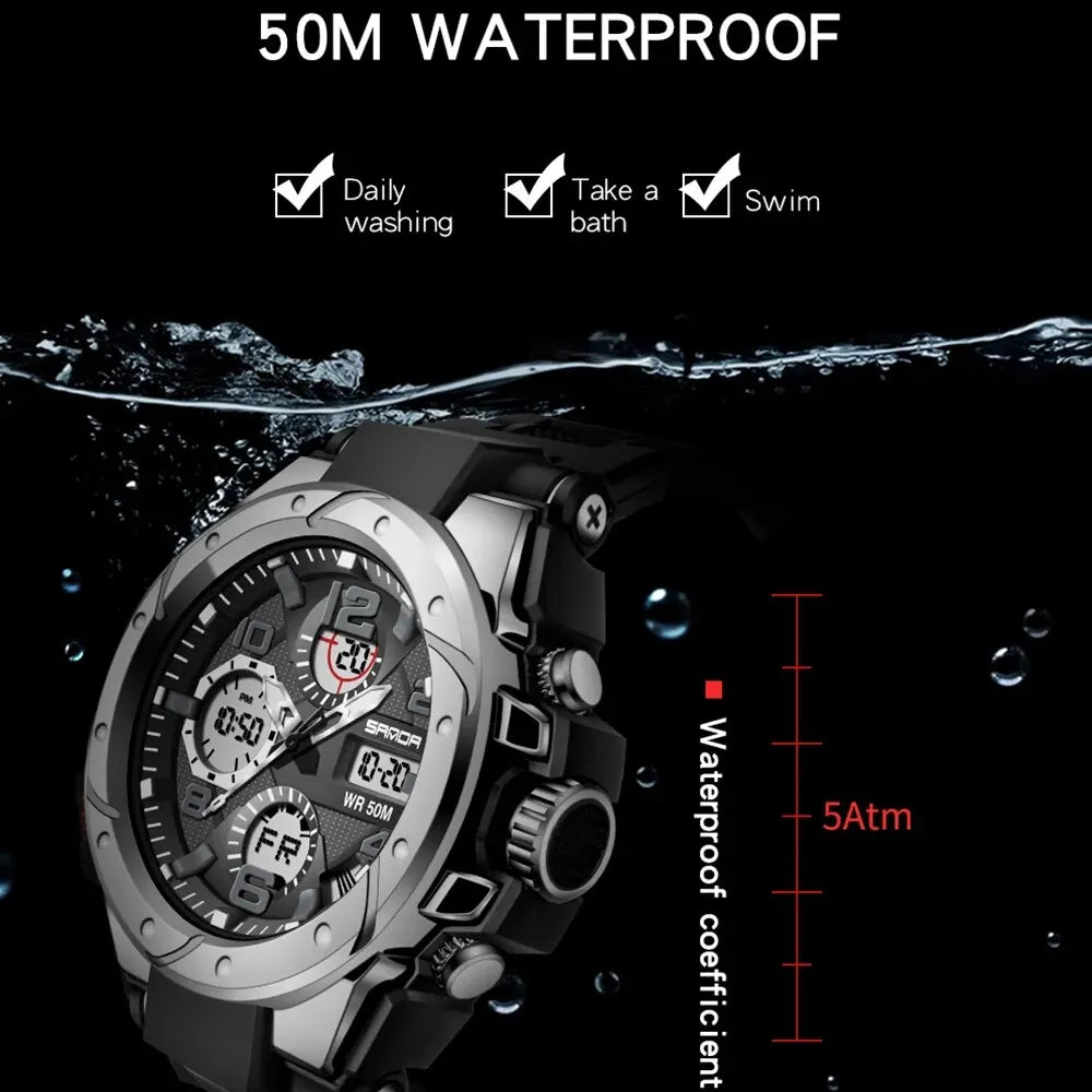 SANDA G Style Men Sports Watches Dual Display Digital LED Electronic Quartz Wristwatches Waterproof Swimming Military Watch