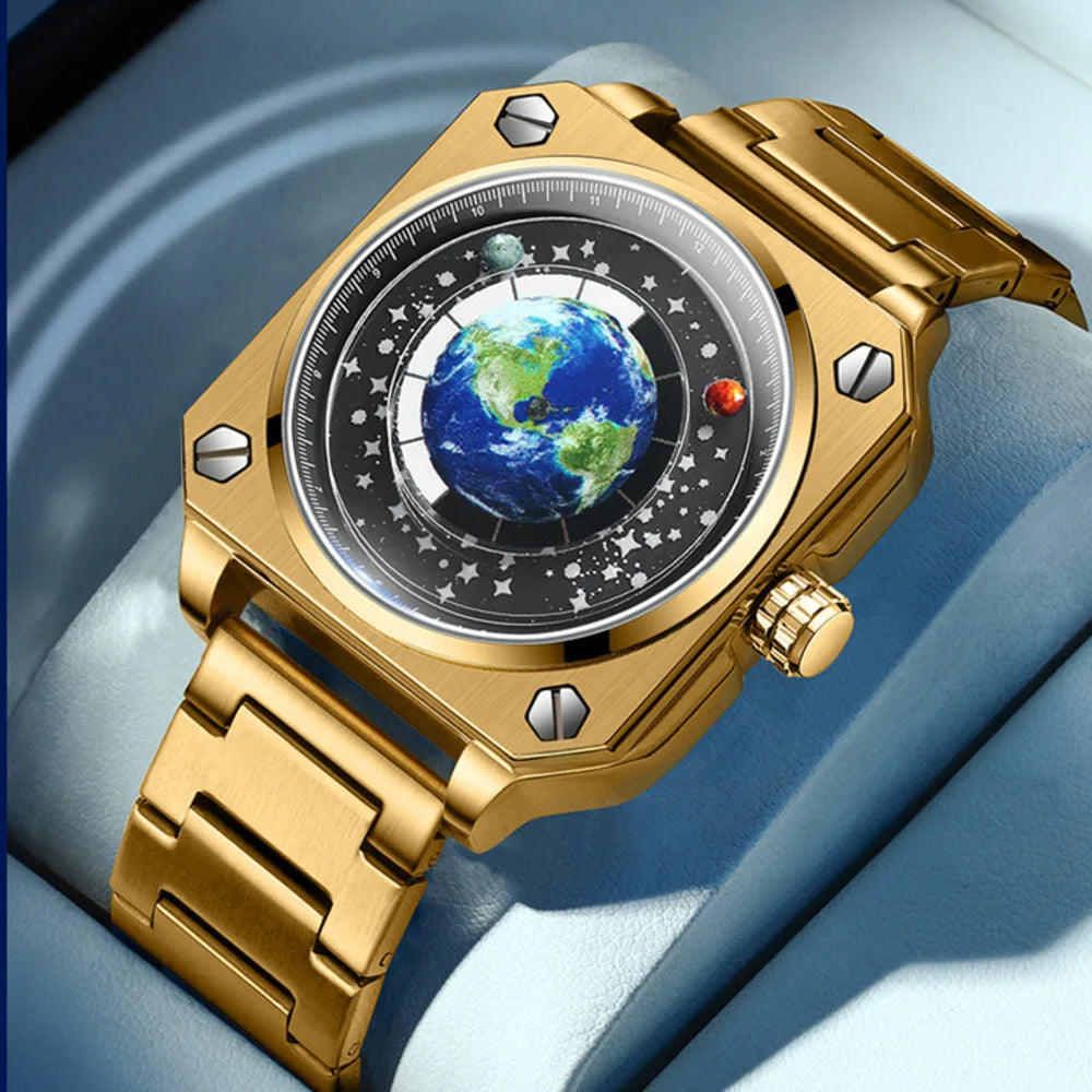 Earth Watch For Men Rotating Earth Dial New Concept Of Creative Wormhole Blue Planet Non Mechanical Pointer Steel Band Men Watch