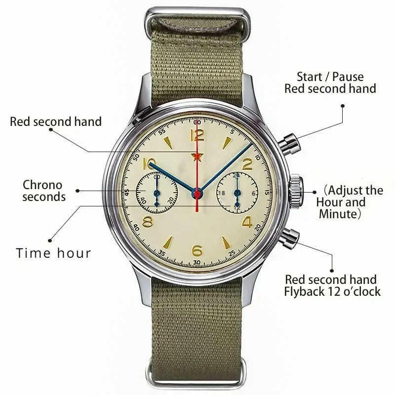 Men's 1963 Pilot Watch 42mm Waterproof Retro Quartz Chronograph  Reloj Hombre Men's Fashionable Waterproof Sports Wristwatch