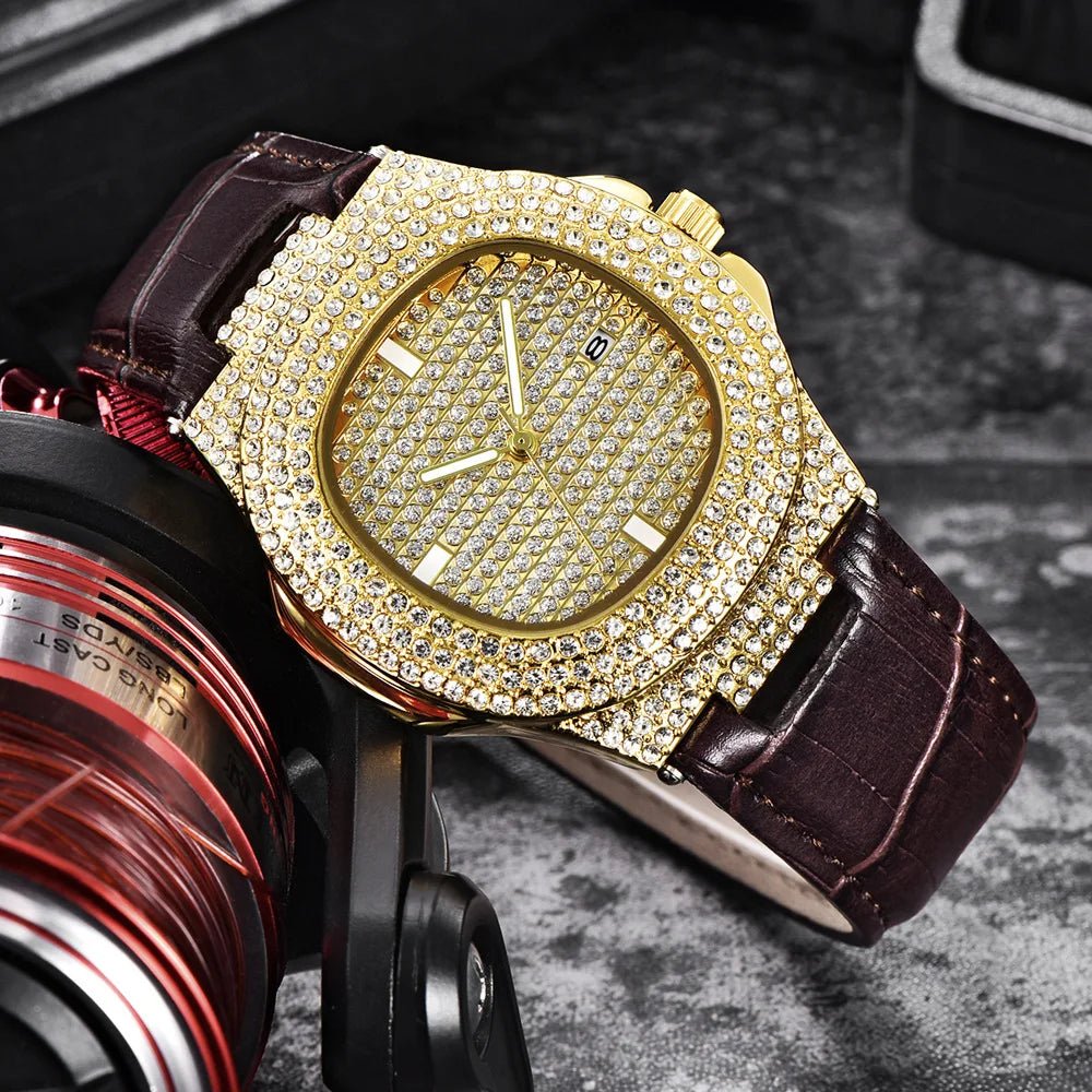 Mens Watch Luxury Iced Out Diamond Watches Fashion Leather Strap Quartz Wristwatches Male Clock Relogio Masculino Drop Shipping