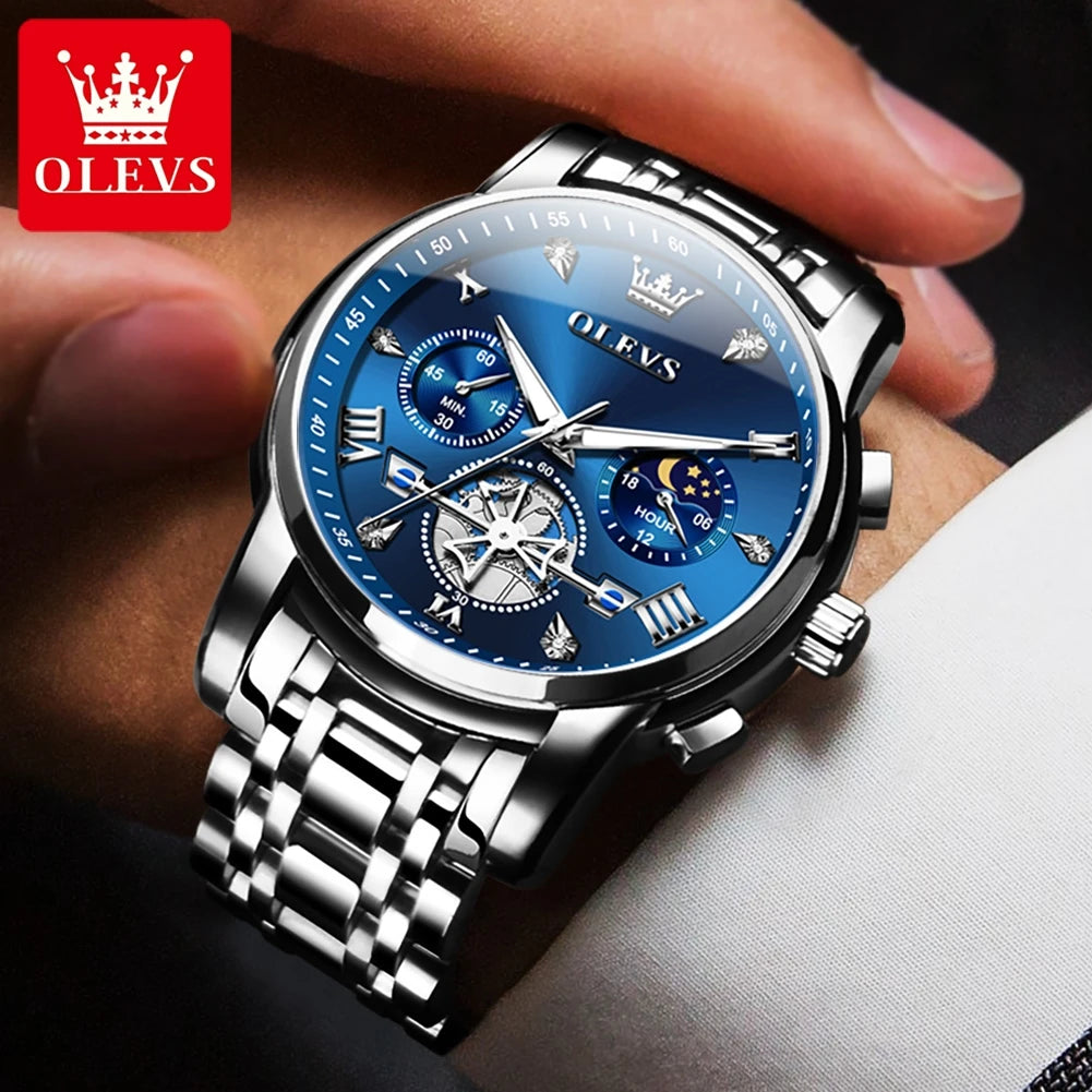 OLEVS NEW Men's Quartz Watches Skeleton Flywheel Design Chronograph Classic Fashion Wrist watch for Men Moon phase Waterproof