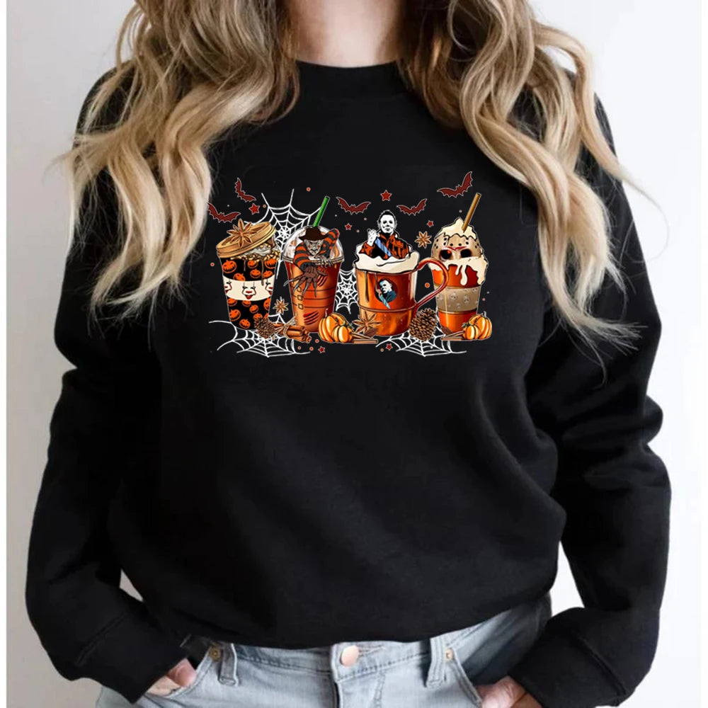 Skull Skeleton Coffee Cups Sweatshirt Skeleton Halloween Sweatshirts Horror Hoodie Women Clothes Coffee Lover Pullovers Tops