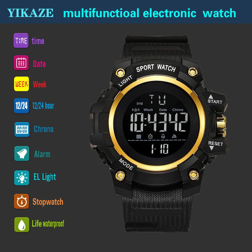 YIKAZE Black Sports Men Watch Big Dial Digital Men's Watches G- Style Military Watch Alarm Clock Chrono Waterproof Sport Watch